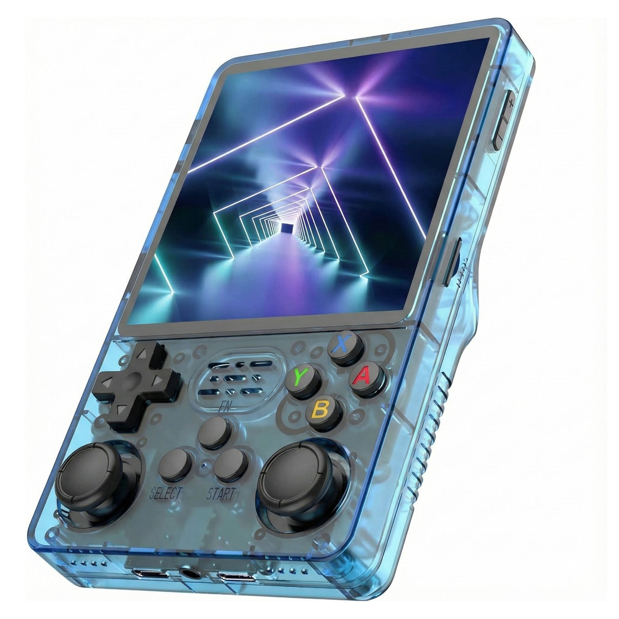 Consola retro portabila R36S 64GB cu jocuri, quad core Cortex-A53 1.5GHz, 1GB DDR3, IPS LCD 3.5" 640x480, 3200 mAh, albastru transparent