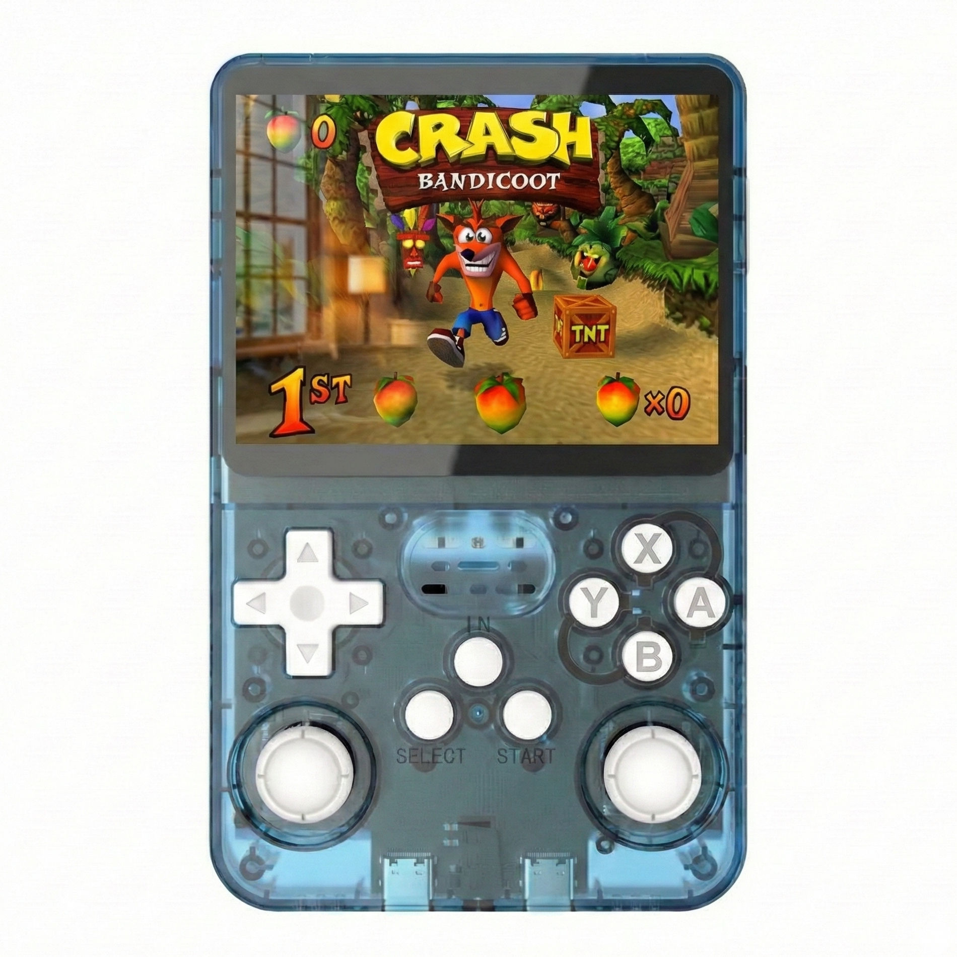 Consola retro portabila R36S 64GB cu jocuri, quad core Cortex-A53 1.5GHz, 1GB DDR3, IPS LCD 3.5" 640x480, 3200 mAh, albastru transparent