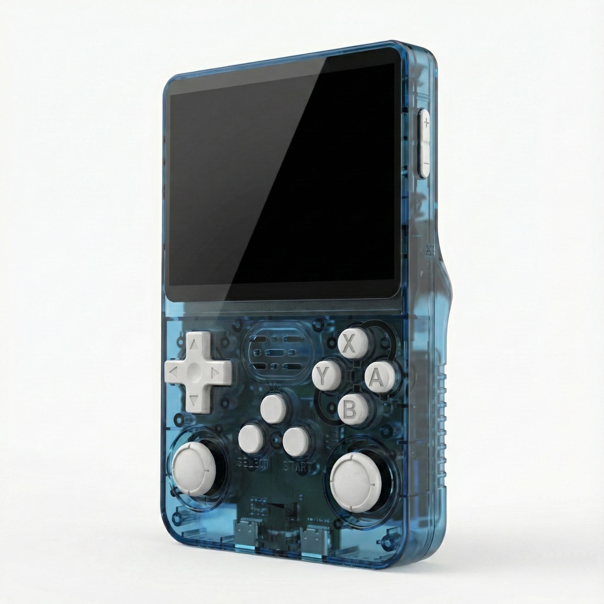 Consola retro portabila R36S 64GB cu jocuri, quad core Cortex-A53 1.5GHz, 1GB DDR3, IPS LCD 3.5" 640x480, 3200 mAh, albastru transparent