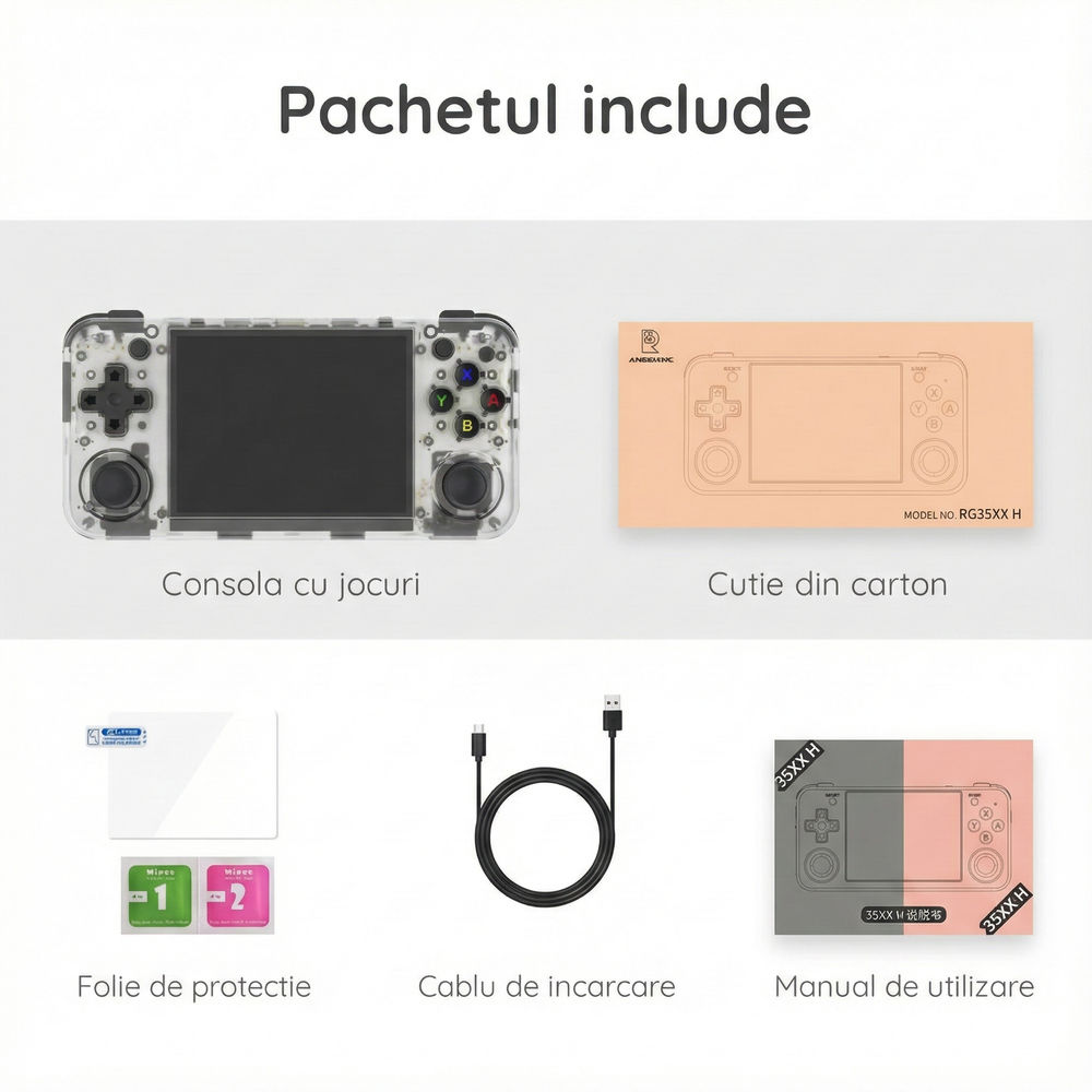 Consola portabila retro ANBERNIC RG35XX H cu jocuri, quad core Cortex-A53 1.5GHz, 1GB LPDDR4, IPS LCD 3.5" 640x480, 3300 mAh, WiFi 5, Bluetooth 4.2, alb transparent