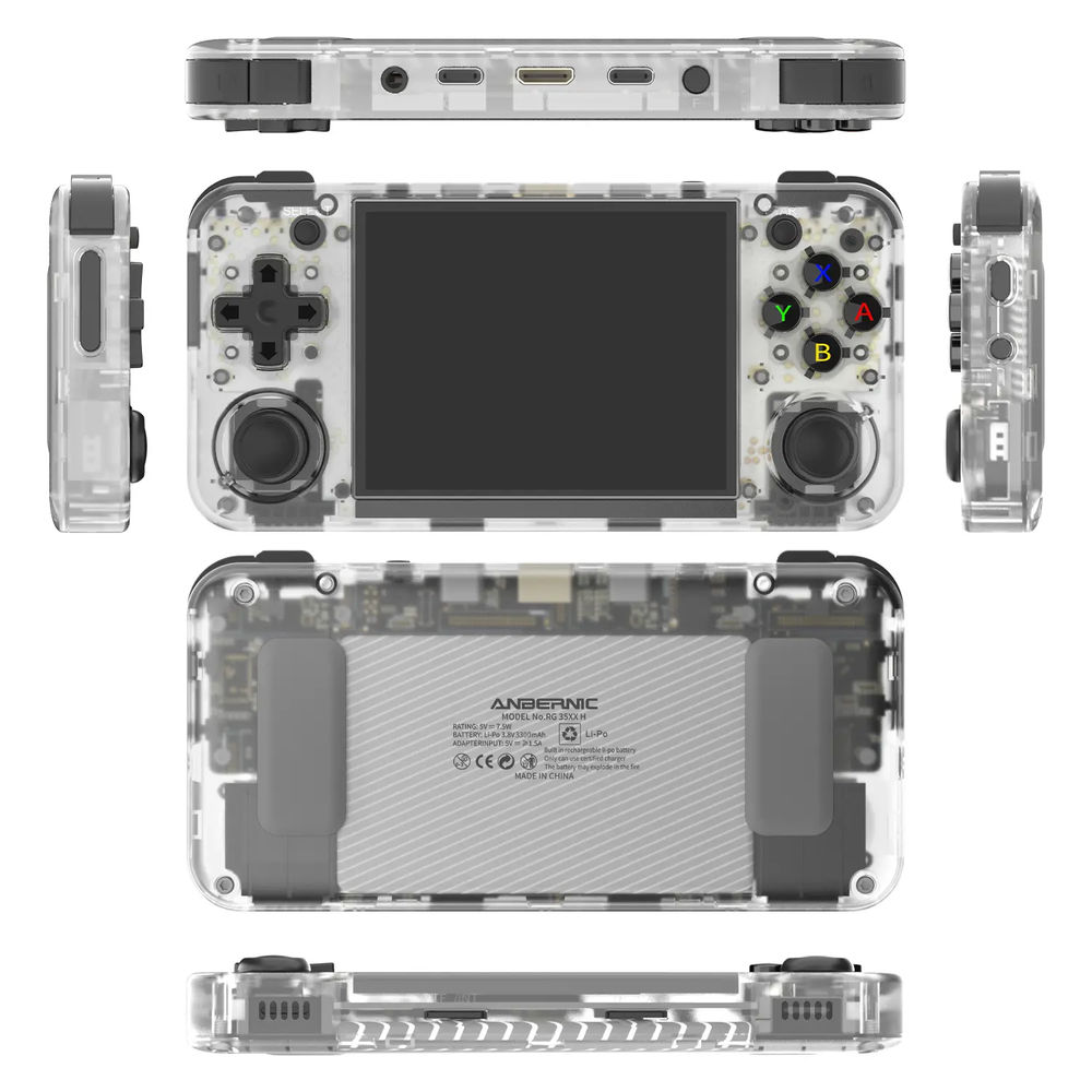 Consola portabila retro ANBERNIC RG35XX H cu jocuri, quad core Cortex-A53 1.5GHz, 1GB LPDDR4, IPS LCD 3.5" 640x480, 3300 mAh, WiFi 5, Bluetooth 4.2, alb transparent