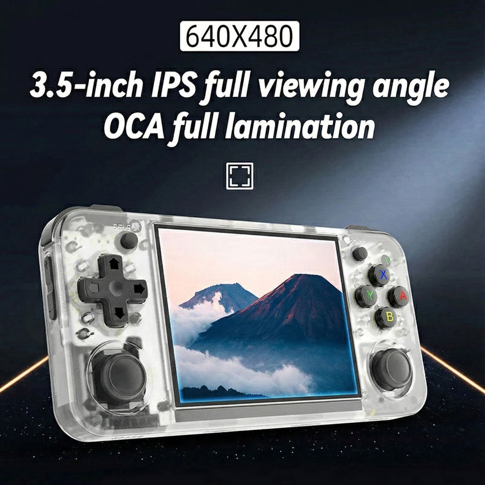Consola portabila retro ANBERNIC RG35XX H cu jocuri, quad core Cortex-A53 1.5GHz, 1GB LPDDR4, IPS LCD 3.5" 640x480, 3300 mAh, WiFi 5, Bluetooth 4.2, alb transparent