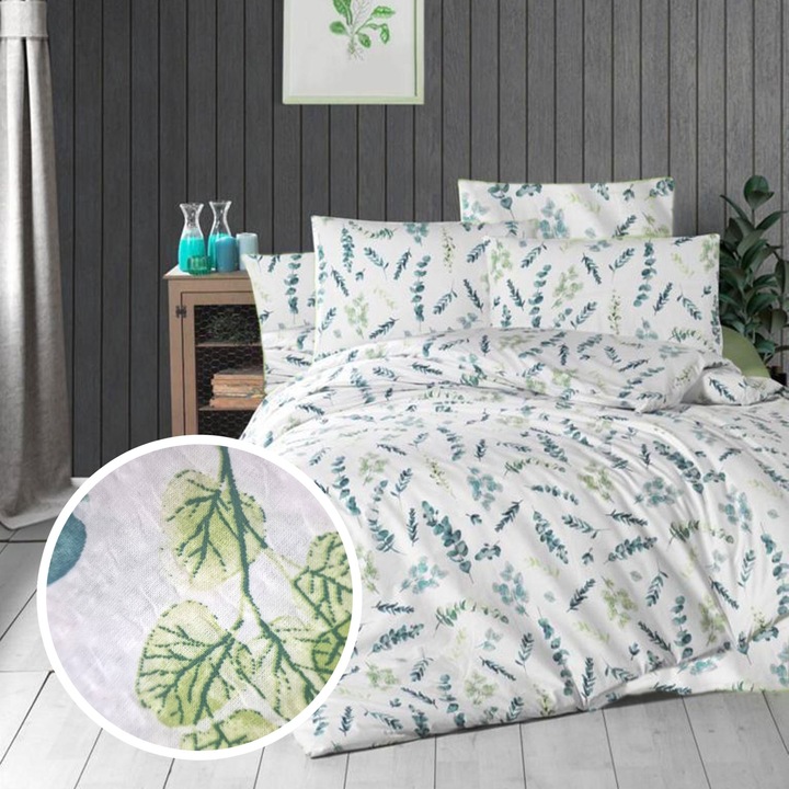 Lenjerie pat dublu extra large Creponata 100% Bumbac, cearsaf pat 240x260 cm, pilota 200x230 cm, 2 fete perna 50x70 cm, Verde-Albastru, Pucioasa