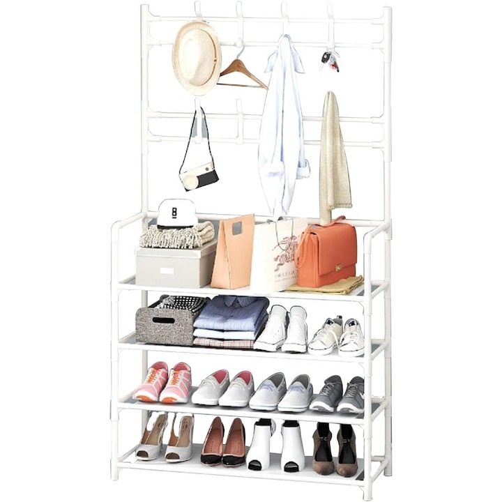 Macvi® többfunkciós ruha- és cipőtartó állvány, 171x80x26.5 cm, tartós anyag, ergonomikus és modern design, fekete