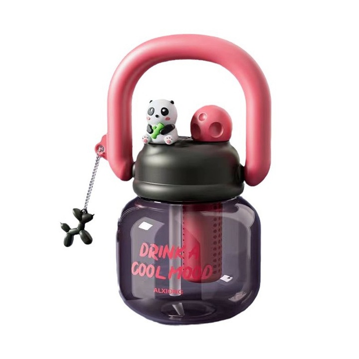 Бутилка за вода 800 мл, черна, със сламена капачка и филтър, PC материал