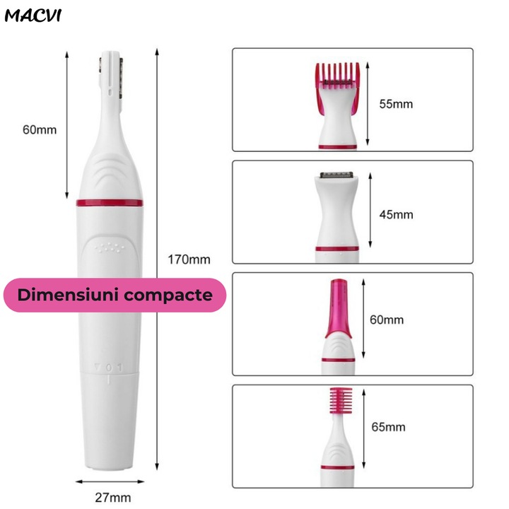Epilator Multifunctional Macvi® 5 in 1 pentru Tuns Par, Sprancene si Barbierit Electric, Alb/Roz