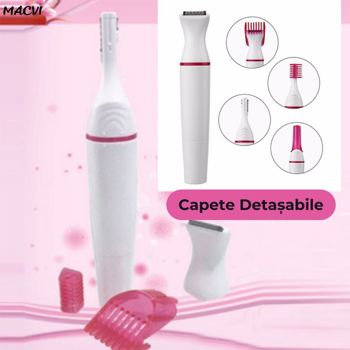 Epilator Multifunctional Macvi® 5 in 1 pentru Tuns Par, Sprancene si Barbierit Electric, Alb/Roz