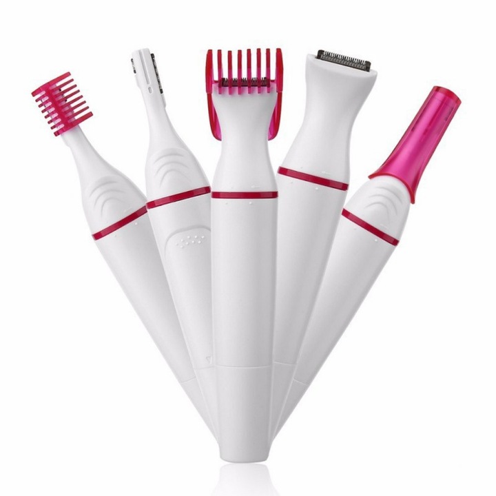 Epilator Multifunctional Macvi® 5 in 1 pentru Tuns Par, Sprancene si Barbierit Electric, Alb/Roz