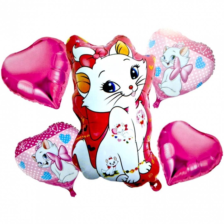 5 db-os fólia lufi készlet önzáró szeleppel, macskafigura 60cm, rózsaszín