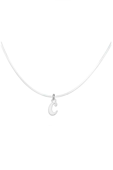 Colier la baza gatului cu fir transparent de silicon si pandantiv litera C din Argint 925, 40 cm