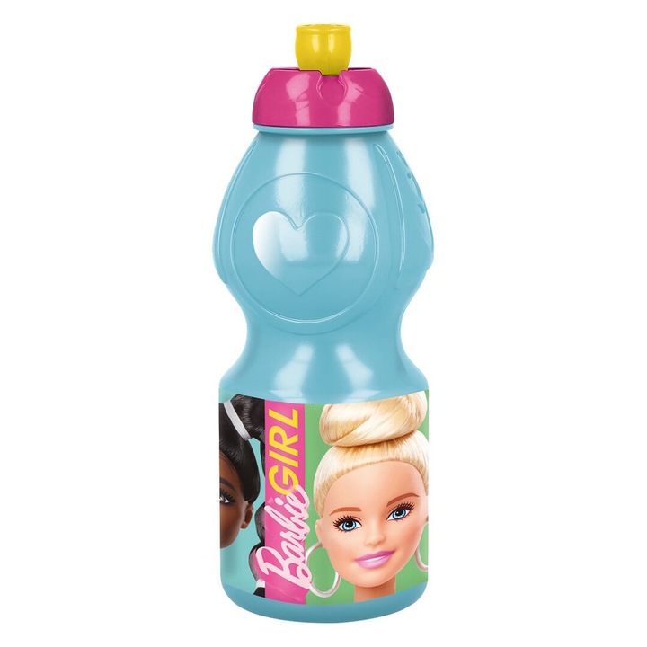 Детска бутилка Barbie 380 ml, синя и розова, с непротичаща капачка и противоплъзгаща лента