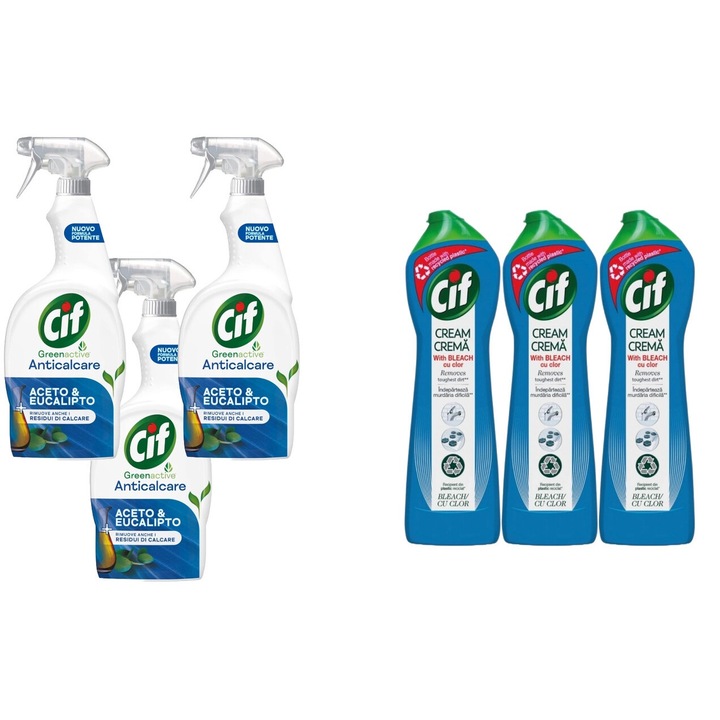 Set Cif 6 x Variety, 3 x Spray 650ml Solutie Anticalcar, 3 x Cream Solutie Universala 500ml Ultra White, fresh aroma, parfum floral, distruge calcarul, rapid si eficient, testat dermatologic, prospetime de lunga durata, eficacitate maxima