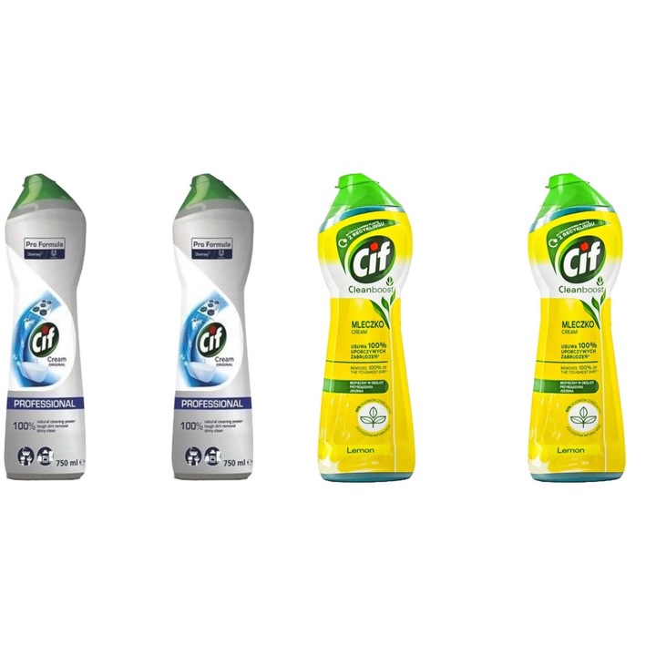 Set Cif 4 x Variety, 2 x Cream 750ml Solutie Universala Original, 2 x Cream Solutie Universala 300g Lemon, fresh aroma, parfum floral, distruge calcarul, rapid si eficient, testat dermatologic, prospetime de lunga durata, eficacitate maxima