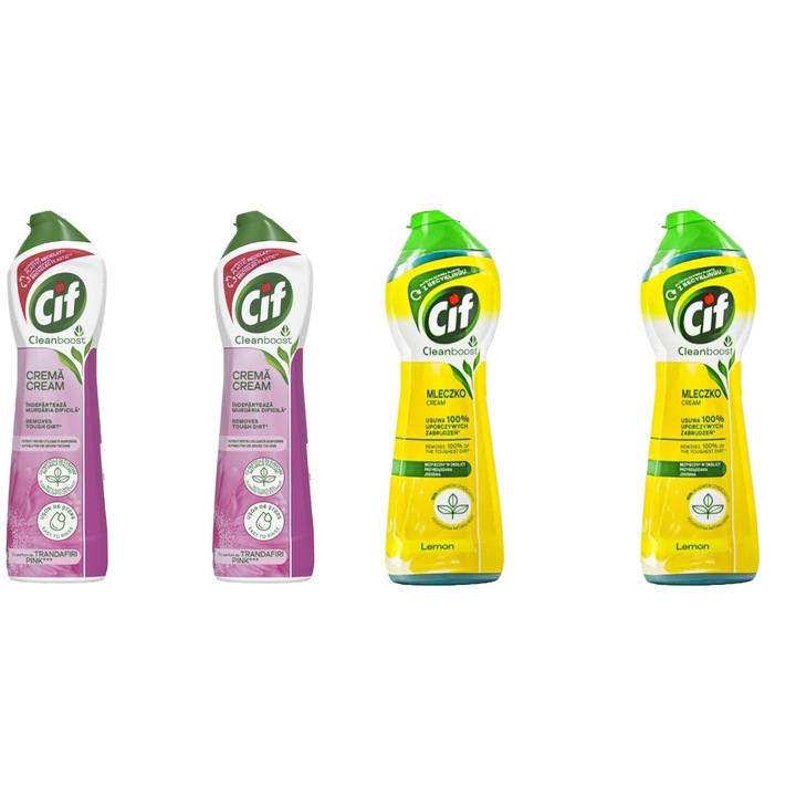Set Cif 4 x Variety, 2 x Cream Solutie Universala 500ml Pink, 2 x Cream Solutie Universala 300g Lemon, fresh aroma, parfum floral, distruge calcarul, rapid si eficient, testat dermatologic, prospetime de lunga durata, eficacitate maxima, continut generos