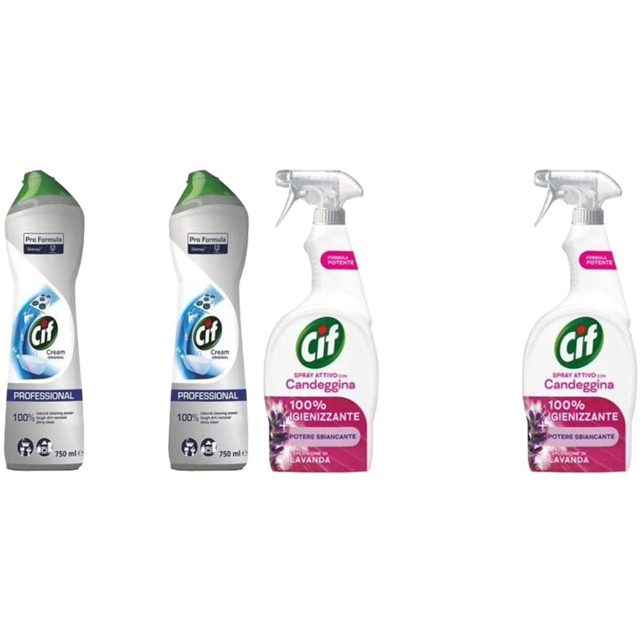 Set Cif 4 x Variety, 2 x Cream 750ml Solutie Universala Original, 2 x Spray 650ml Solutie Cu Inalbitor Lavanda, fresh aroma, parfum floral, distruge calcarul, rapid si eficient, testat dermatologic, prospetime de lunga durata, eficacitate maxima