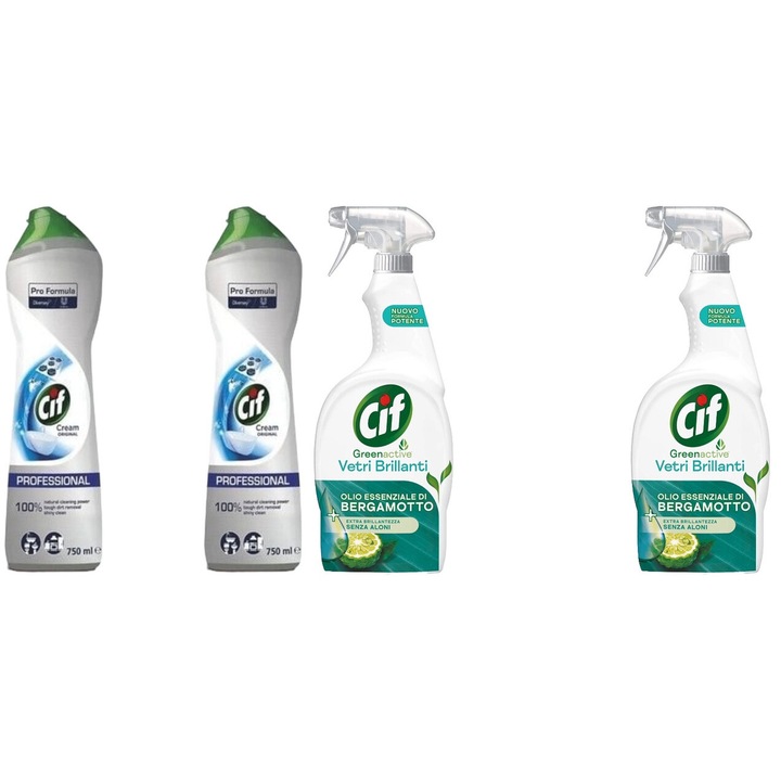 Set Cif 4 x Variety, 2 x Cream 750ml Solutie Universala Original, 2 x Spray 650ml Green Active Solutie Geam Lamaie Verde, fresh aroma, parfum floral, distruge calcarul, rapid si eficient, testat dermatologic, prospetime de lunga durata