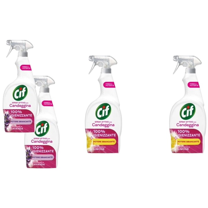 Set Cif 4 x Variety, 2 x Spray 650ml Solutie Cu Inalbitor Lavanda, 2 x Spray 650ml Solutie Cu Inalbitor, fresh aroma, parfum floral, distruge calcarul, rapid si eficient, testat dermatologic, prospetime de lunga durata, eficacitate maxima