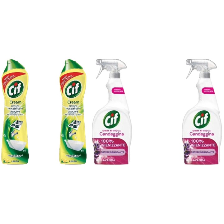 Set Cif 4 x Variety, 2 x Cream Solutie Universala 500ml Lemon, 2 x Spray 650ml Solutie Cu Inalbitor Lavanda, fresh aroma, parfum floral, distruge calcarul, rapid si eficient, testat dermatologic, prospetime de lunga durata, eficacitate maxima