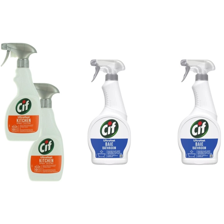 Комплект Cif Set 4 x Variety, 2 x Kitchen Solution Spray 500ml Ultra Fast, 2 x Bath Solution 500ml Ultrafast, свеж аромат, флорален аромат, унищожава варовик, бързо и ефективно, дерматологично тестван, дълготрайна свежест