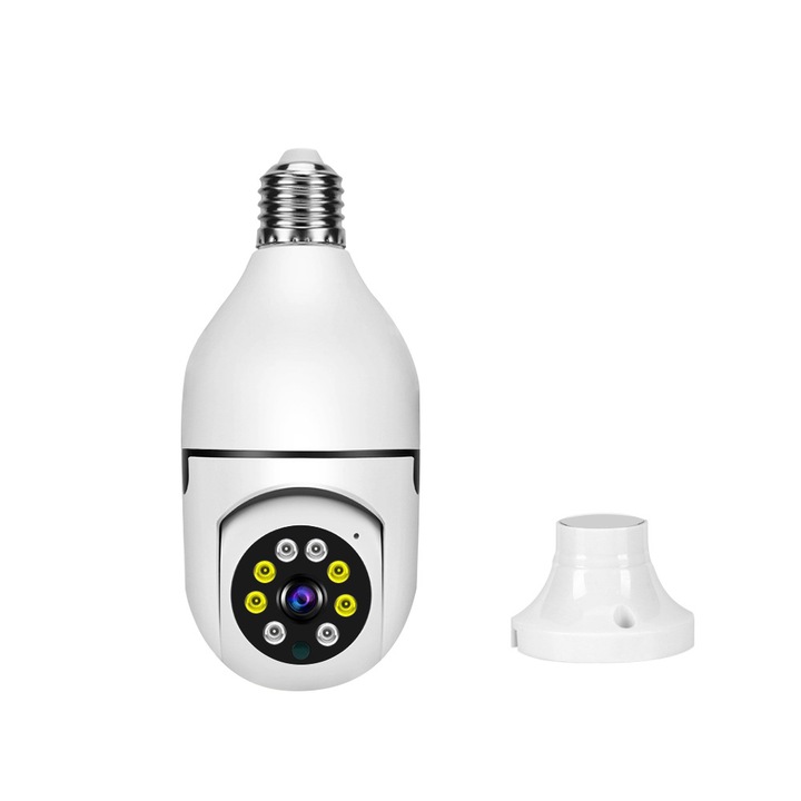 Камера за наблюдение, Панорамна 355°, Тип крушка, Включена MicroSD карта 32 GB, 2 MP, Full HD, Сензор за движение, Приложение за IOS/Android, Бял