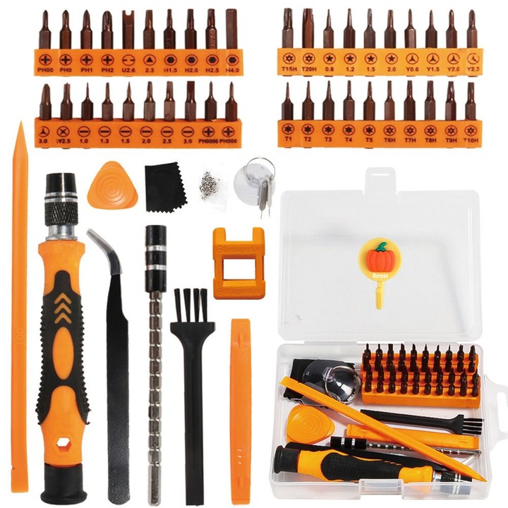 Set 52 scule Ronyes, pentru reparatie ceas, inox, portocaliu si negru