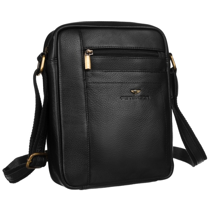 Valódi bőr crossbody férfi táska, Peterson, 5 rekeszes, fekete, 26x20x6cm, hossza 140cm