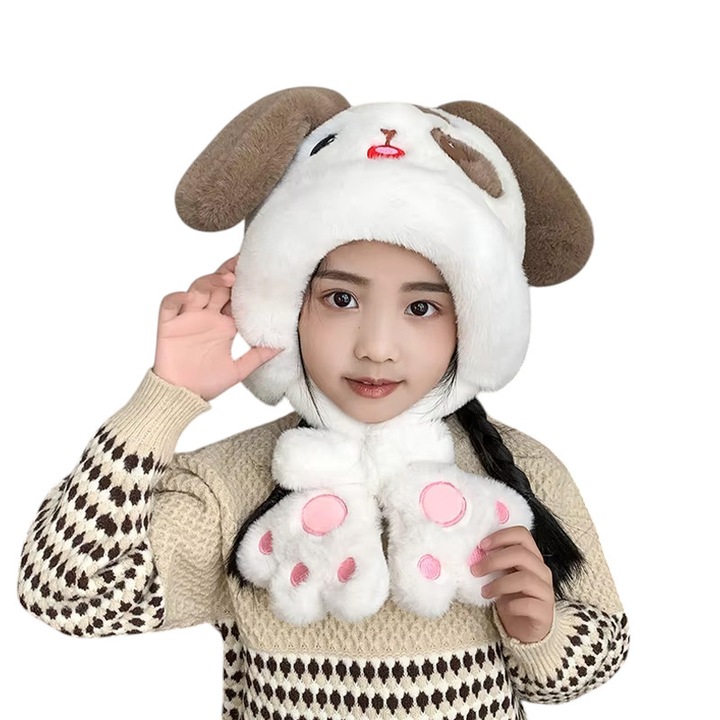 Caciula pentru copii, model de poveste cu prindere reglabila, catel vesel, tematica lumea animalelor, 3 - 9 ani, alb cu maro, EFAYN