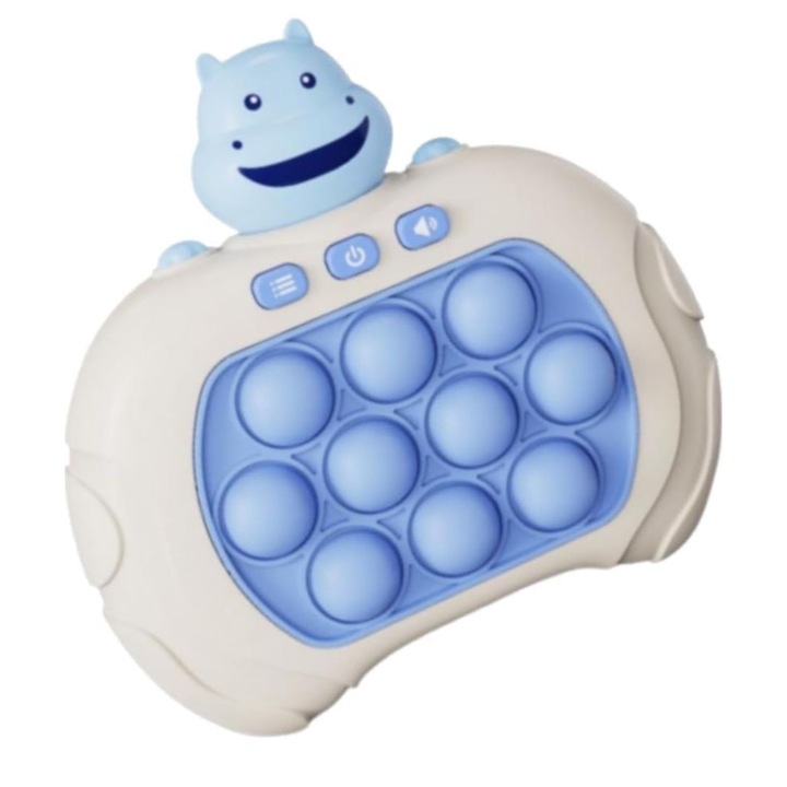 Jucarie Senzoriala Smart de Apasat, Joc Interactiv Bubble Push, Pop It, Cu Lumini si Muzica, 3x Baterii Incluse, Puzzle Pentru Copii +3 Ani, Hipopotamul Vesel, Albastru