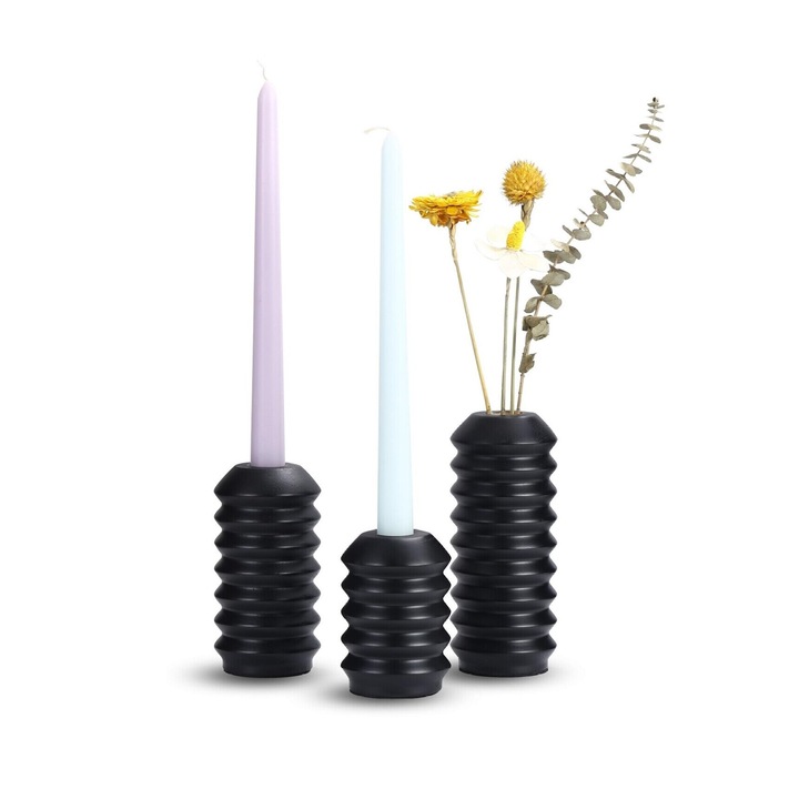 Set 3 suport lumanare din lemn, Modern, Elegant, Robuste si durabile, Pentru sarbatori, Decor nunta, Mese festive, 6.5 x 9/12/15 x 2.2 cm, Negru