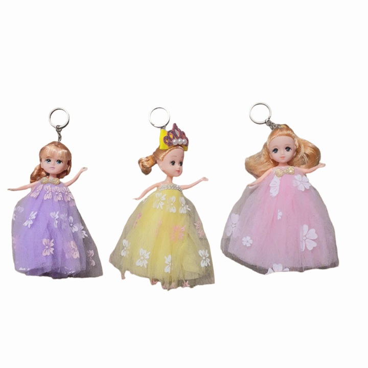 Set 3 papusi breloc cu maini si picioare mobile, roz, galben si mov, pentru chei sau genti, 15 cm