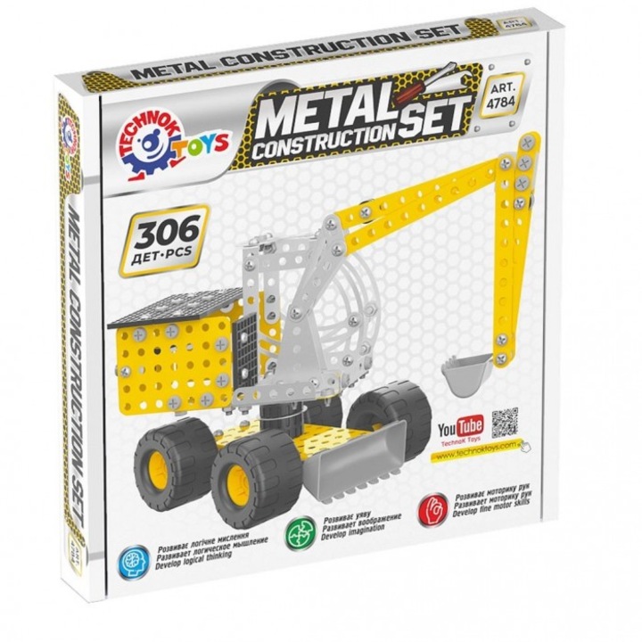 Technok kotrógép építőkészlet, 306 darab, fém, 19x18.7x3.5 cm