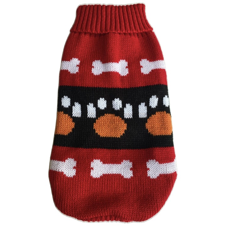 Pulover caini si pisici, talie mica, tricotat, model os, rosu, 34x16cm