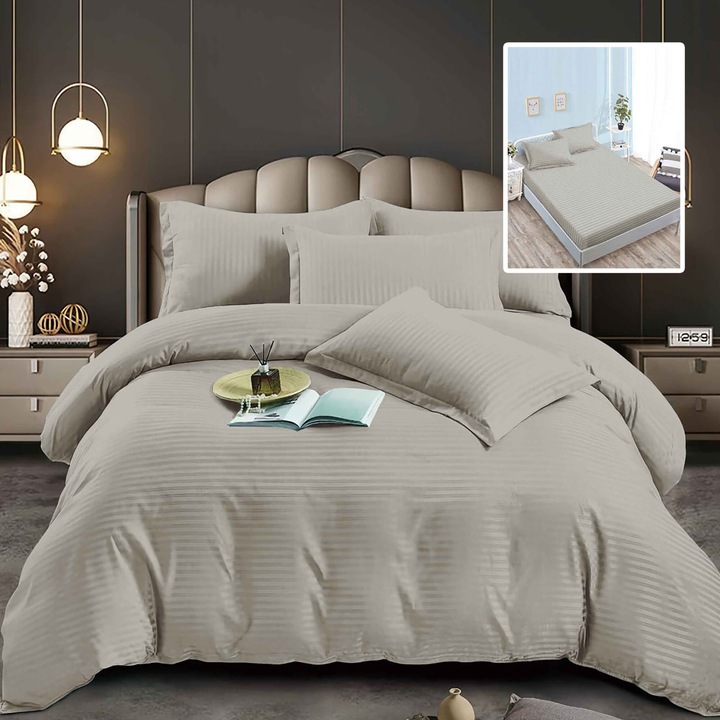 Dupla ágynemű 6 db Damascus Polycotton, matrachuzattal 160x200 vagy 180x200 cm, paplan 200x230 cm, párnahuzat 50x70 cm és 70x70 cm, csík 1 cm Bézs (6DPH25)