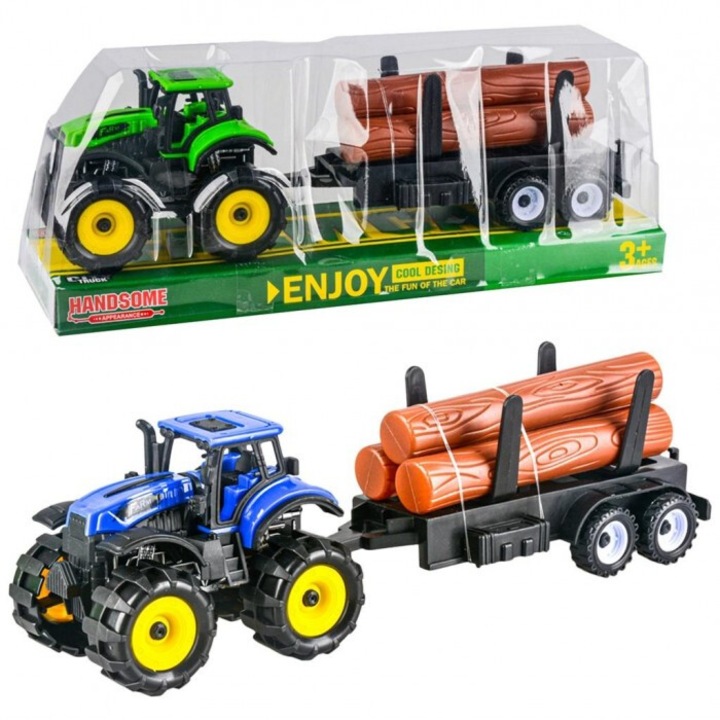 Tractor cu remorca din lemn Trifox, dimensiuni 88x280mm, set mix