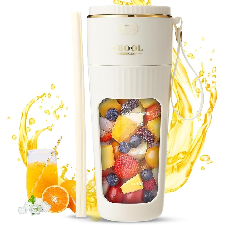 Блендер, електрически, CEOOL, преносим, капацитет 340 ml, 18 000 RPM, без BPA, 10 остриета, самопочистващ се, за пресни сокове, смутита, шейкове, коктейли, протеин на прах, смачква лед, устойчив на вода, бял