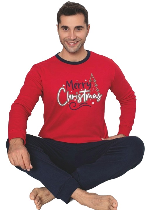 Pijama Barbat Super Premium, Craciun 100% Bumbac Interlock, Groasa, 2 piese, Rosu intens
