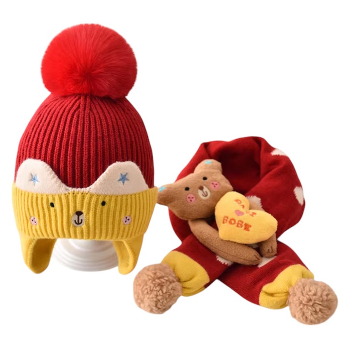 Caciula pentru copii, set doua piese, model foarte haios si vesel cu pompom si fular asortat, tematica bucuria copilariei, 1 - 6 ani, rosu, EFAYN