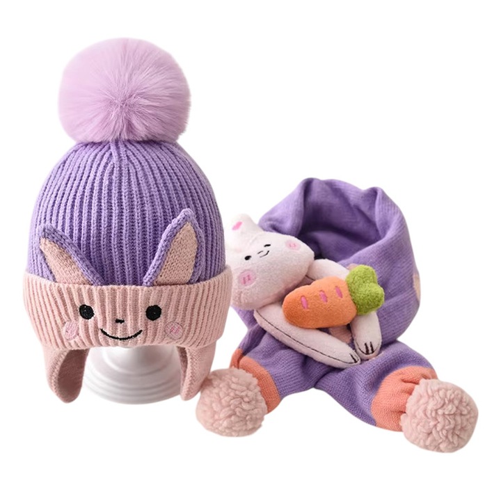 Caciula pentru copii, set doua piese, model foarte haios si vesel cu pompom si fular asortat, tematica bucuria copilariei, 1 - 6 ani, mov, EFAYN