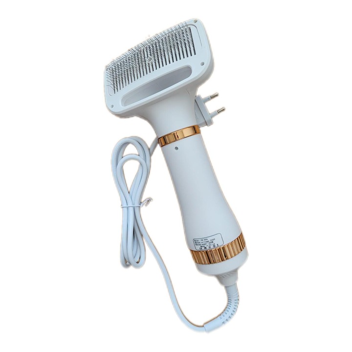 Uscator cu perie slicker pentru animalele de companie, cu protectie impotriva supraincalzirii, 3 setari de caldura, indepartarea parului cu un singur buton, portabil, alb cu auriu, 300W, 50Hz