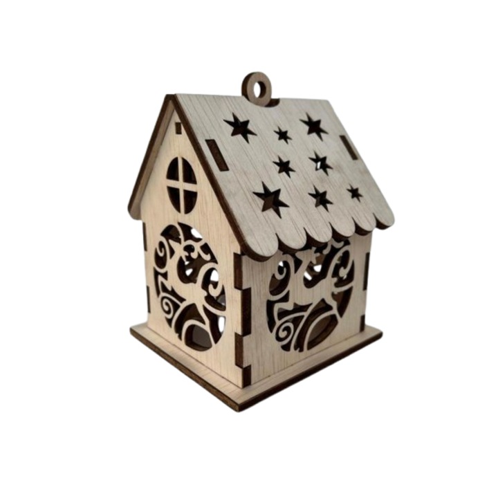 Decoratiune casuta Craciun din lemn cu luminite, model cerb, 12x9x9 cm, natur