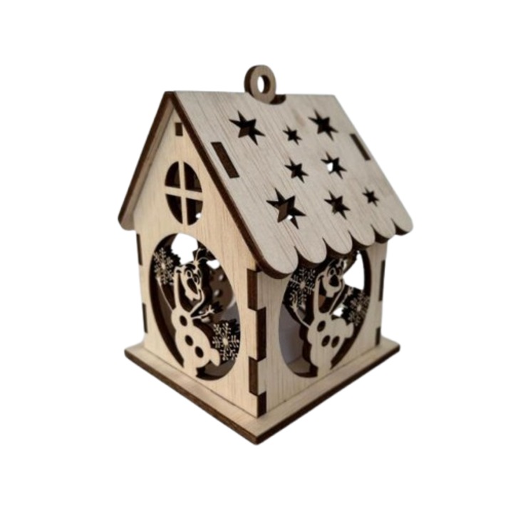 Decoratiune casuta Craciun din lemn cu luminite, model olaf, 12x9x9 cm, natur