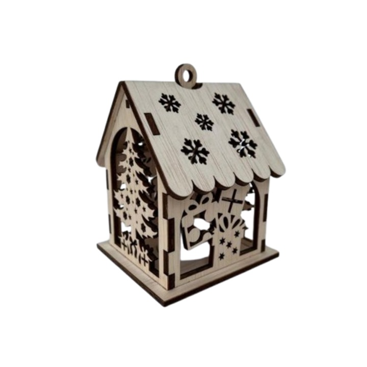 Decoratiune casuta Craciun din lemn cu luminite, model brad, 12x9x9 cm, natur