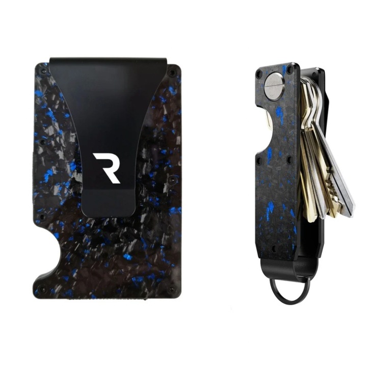 Комплект портфейл Ravaldi™ от въглеродни влакна, тип картодържател, RFID защита против кражба и тънък портфейл за ключове от въглеродни влакна, Ravaldi™, компактна организация, унисекс, черен със синьо