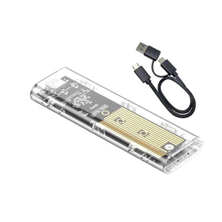 M.2 NVMe AjieQaQ SSD кутия, 10Gbps, USB 3.1, цветни светодиоди, 2230/2242/2260/2280, прозрачен