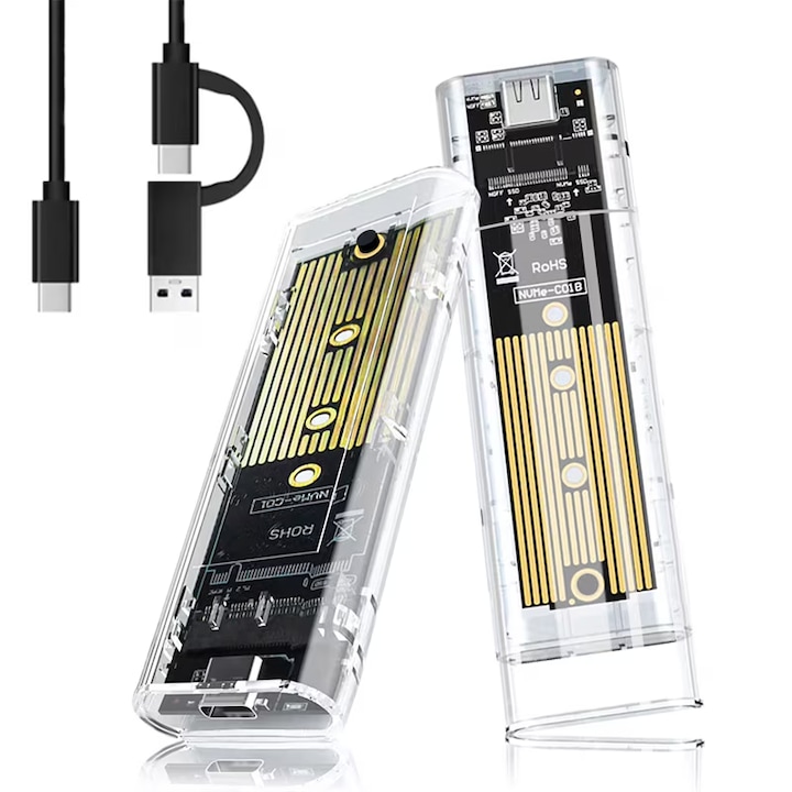 SSD ház, hordozható, M.2 NVMe, AjieQaQ, NVMe/NGFF, USB-A/C, 4 TB, Windows, MAC, Linux, Android, USB-A/C, USB3.1, 2230/2242/2260/2280, átlátszó
