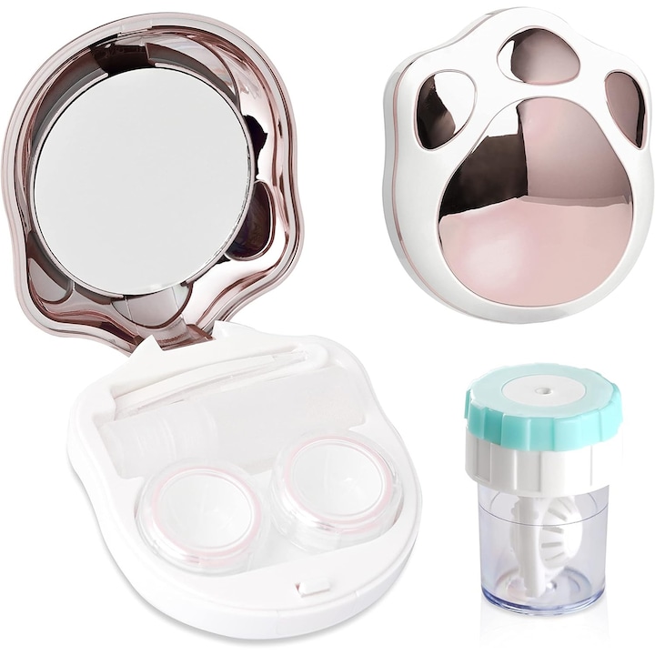 Set cutie cu oglinda/penseta/sticla solutie curatare pentru lentile de contact, Caltucus Core®, roz/alb, 6.5x8x2.4cm