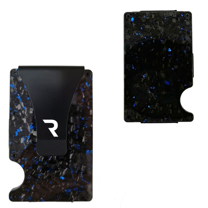 Portofel Ravaldi din Fibra de Carbon, tip Portcard, Protectie RFID Anti-Furt, Unisex, Negru cu Albastru