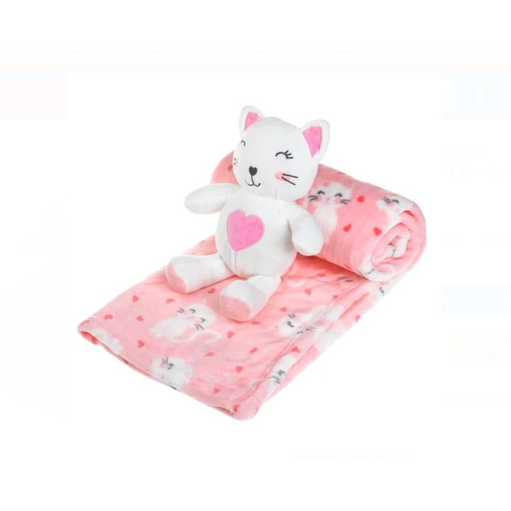 Rózsaszín bársonytakaró macskákkal és plüssjátékkal babáknak 100x75cm