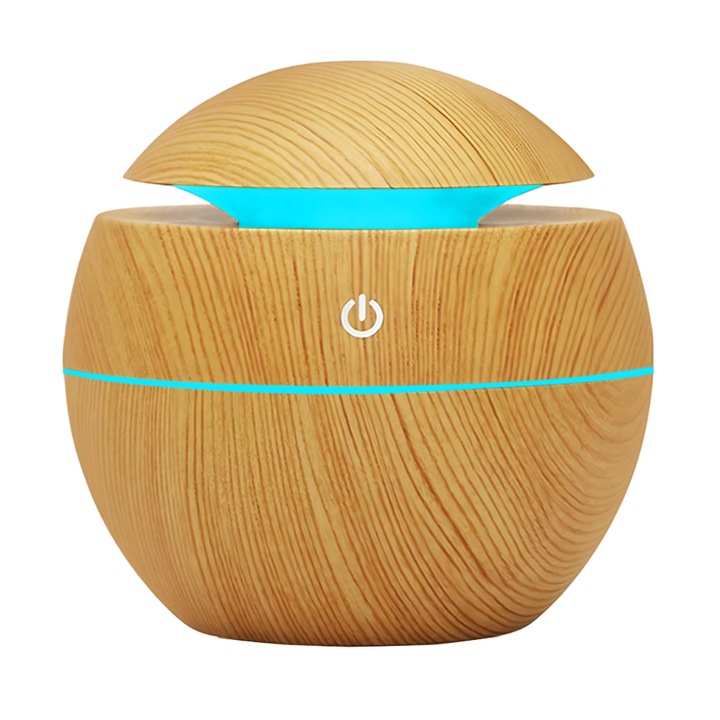 Difuzor Aromaterapie Teno®, forma de sfera, 7 culori LED, lumini dinamice, control tactil, capacitate 130ml, silentios, rezerva inclusa, umidifica aerul, stejar deschis