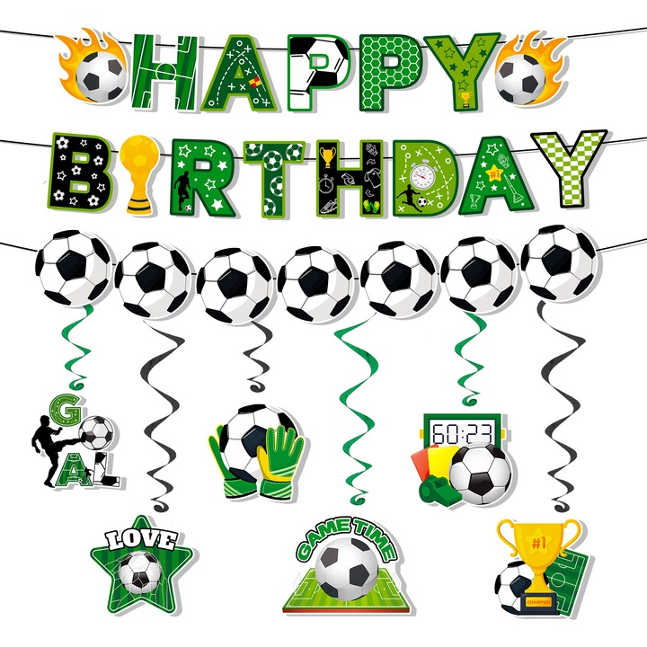 Set 8 decoratiuni petrecere fotbal banner Happy Birthday +suspendate, InBoxxarty, multicolor